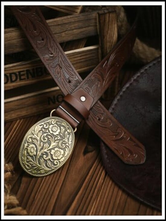 Western Cowgirl Belt Floral Embossed PU Leather Waist Belt for Jeans Pants